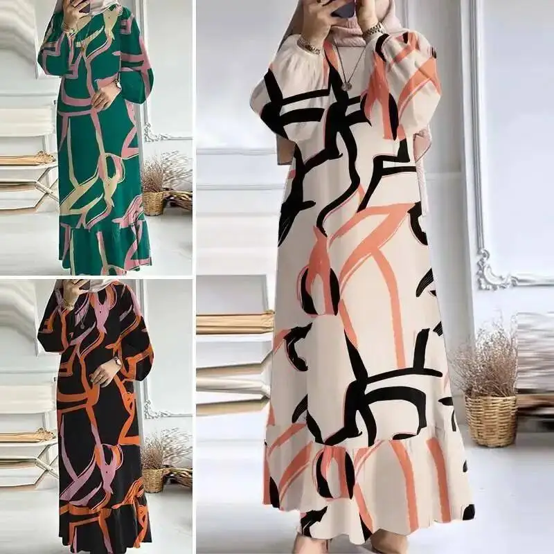 

Мусульманское женское платье с рукавами-фонариками, принтом, оборками и карманами, Дубай, весна-осень, роскошное исламское элегантное платье для Рамадана