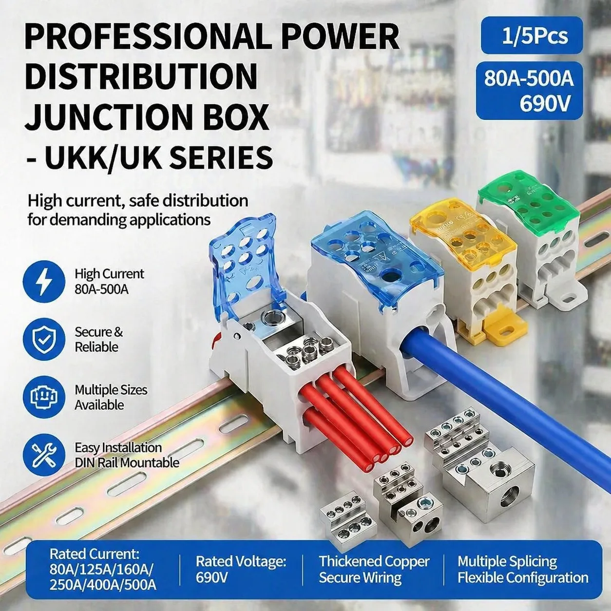

UKK Distribution Terminal Block, DIN Rail Power Junction Box One In Seven Out 80A 125A 160A 250A 400A Wire Connector