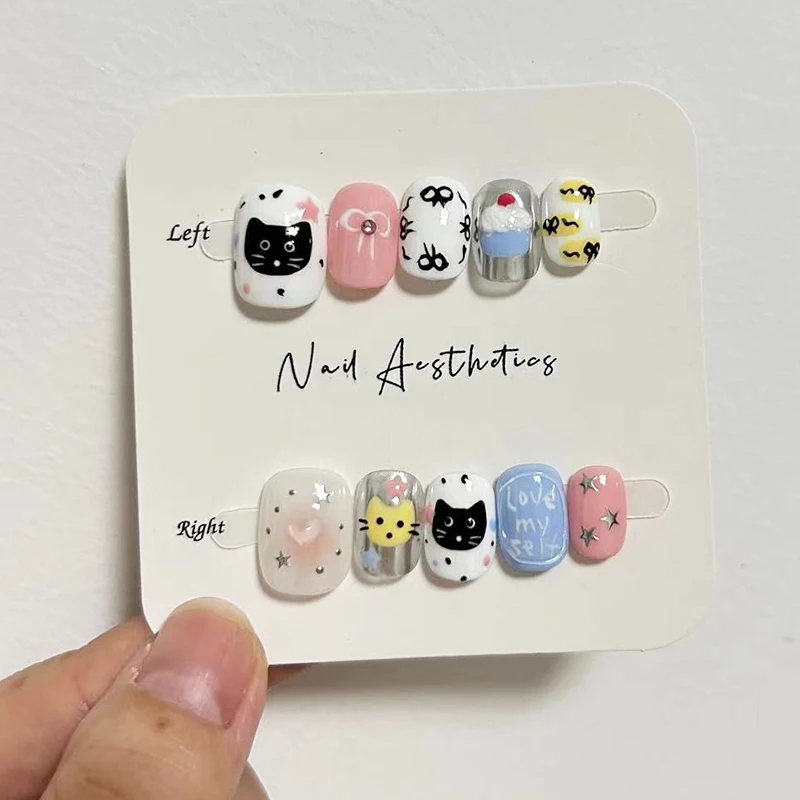 Handmade Kawaii Ins Unhas Postiças com Engraçado Design de Imagem Animal, Reutilizáveis Dicas de Unhas Cobertura Completa, Imprensa Curta nas Unhas, 10Pcs