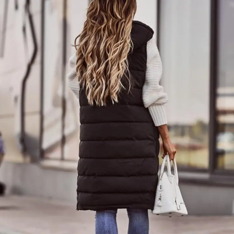 652F Women's Long Quilted Vest Hooded Cotton Sleeveless Jackets Puffer Vest Padded Coat Winter Warm Outerwear Gift