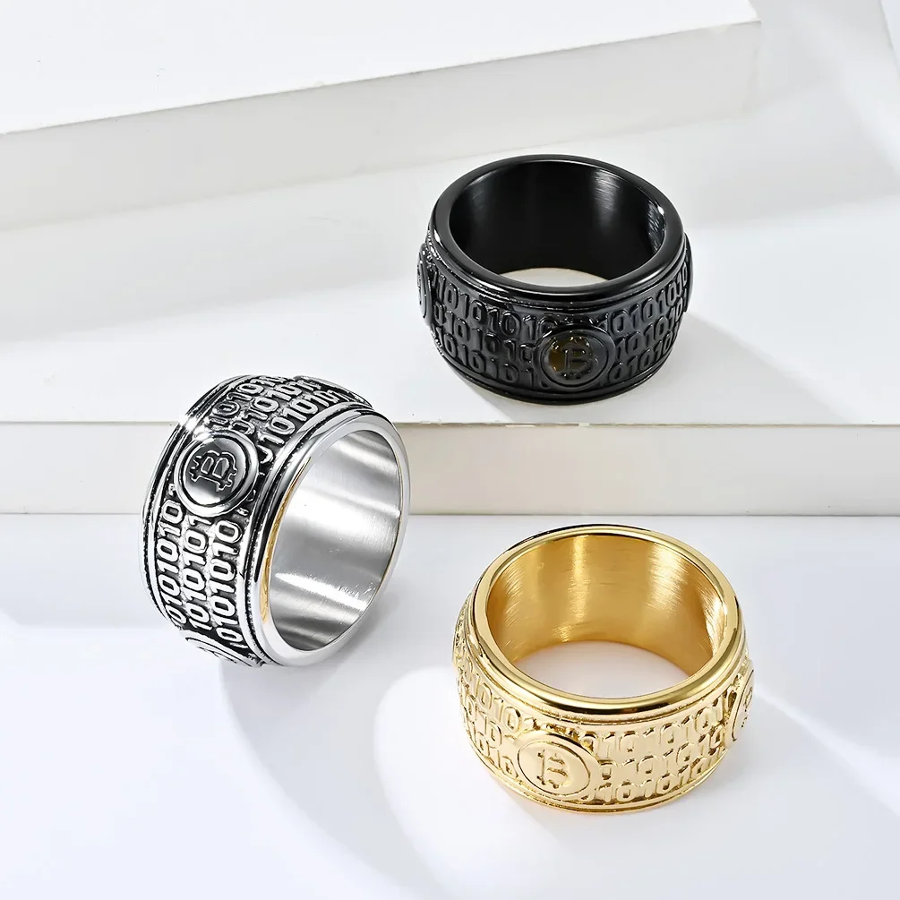 Large Big Stainless Steel Statement Bitcoin Silver Black Gold Plated Ring Hip Hop Jewelry for Men
