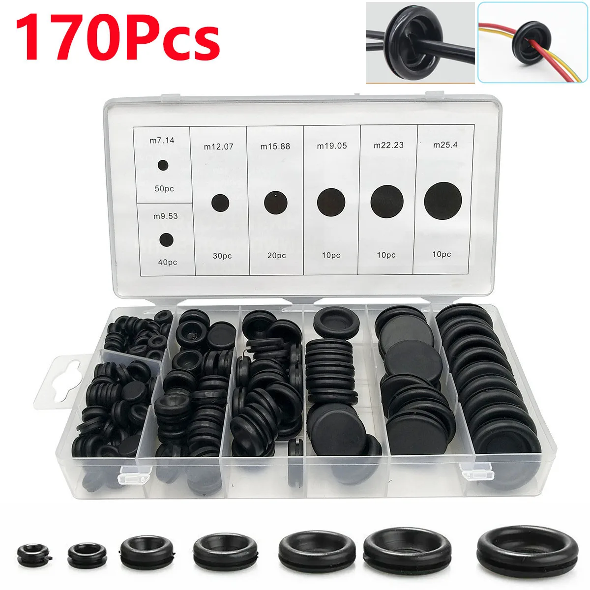 170Pcs Black Rubber Grommet Firewall Hole Plug Retaining Ring Set Car Electrical Wire Gasket Kit for Valve Water Pipe Tools Set