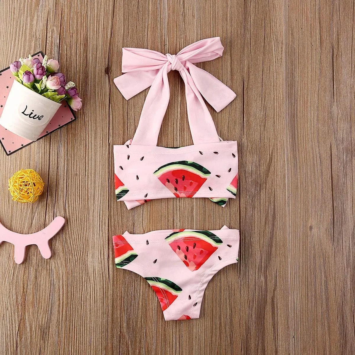 Toddler Baby Girl Bikini Set Pink Watermelon Print Halter Crop Top+ Bowknot Pantie 2PCS Swimsuit Bathing Suit Outfit