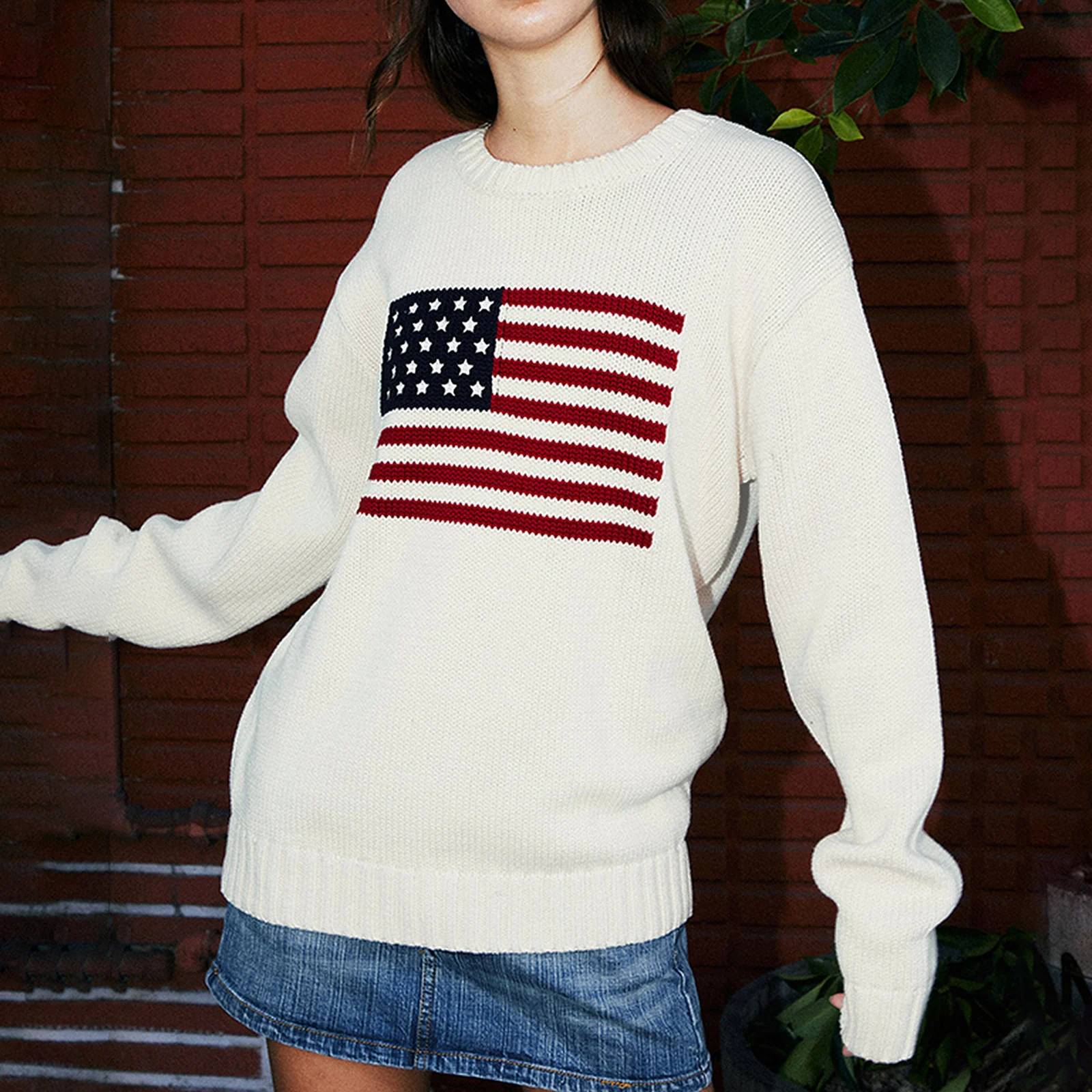 Women's Patriotic Sweater Stars Stripe Flag Print Round Neck Long Sleeve Pullovers 4th of July Loose Casual Knit Jumpers