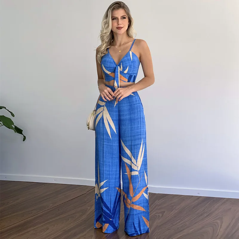 

V-neck Camisole And Wide Leg Pant 2 Piece Set Plant Print Summer Vest+Elastic Waist Long Trouser Vacation Fashion Women Outfits