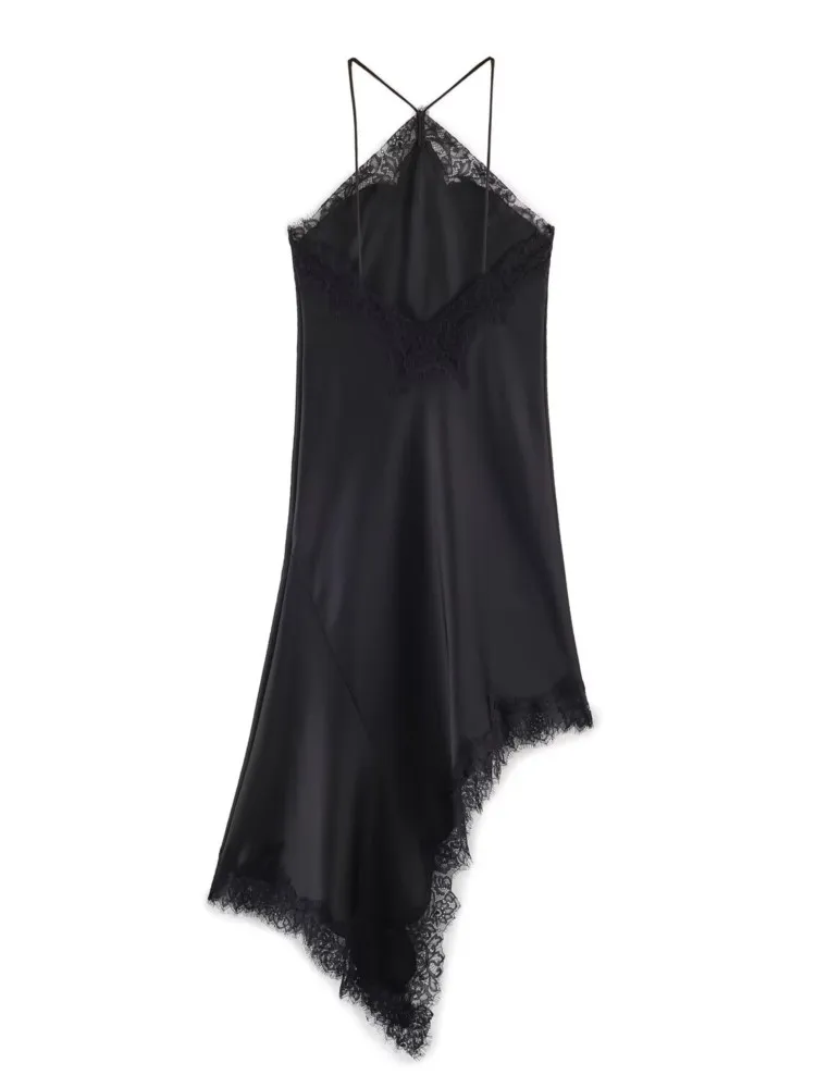 봄 여성 새틴 레이스 드레스 섹시한 백리스 홀터넥 비대칭 밑단 여성 미디 드레스 패션 우아한 여성 시크 드레스