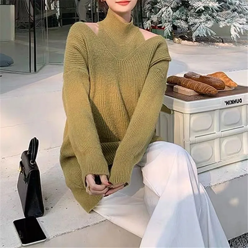 Korean Style Loose and Lazy Style Mid Length Off the Shoulder Sweater Set for Outerwear Design Knit Sweater