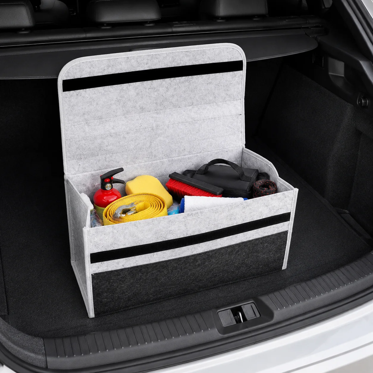 Italienische Dreifarben-Filz-Auto-Aufbewahrungsbox 50×17×24cm, Faltbare Kofferraum-Aufbewahrungsbox mit Deckel, Tragbarer Haushalts-Organizer für Kleinkram – Detail 3