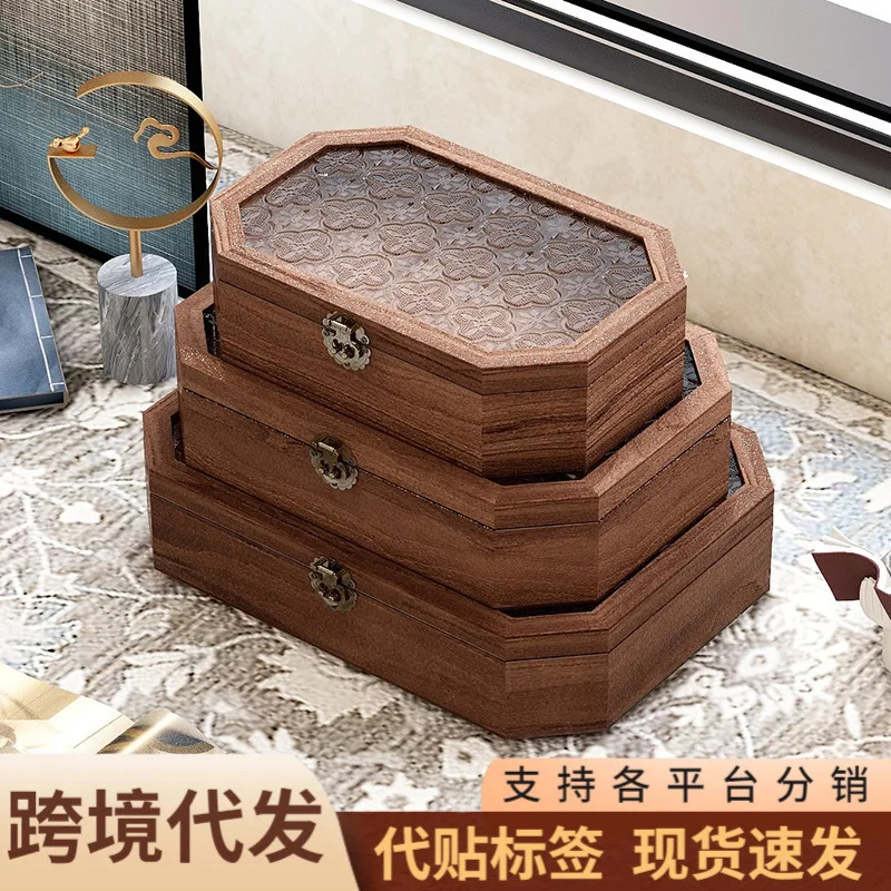 

Vintage solid wood crabapple glass storage box, tea set flip cover dustproof cosmetics jewelry box, covered desktop storage box