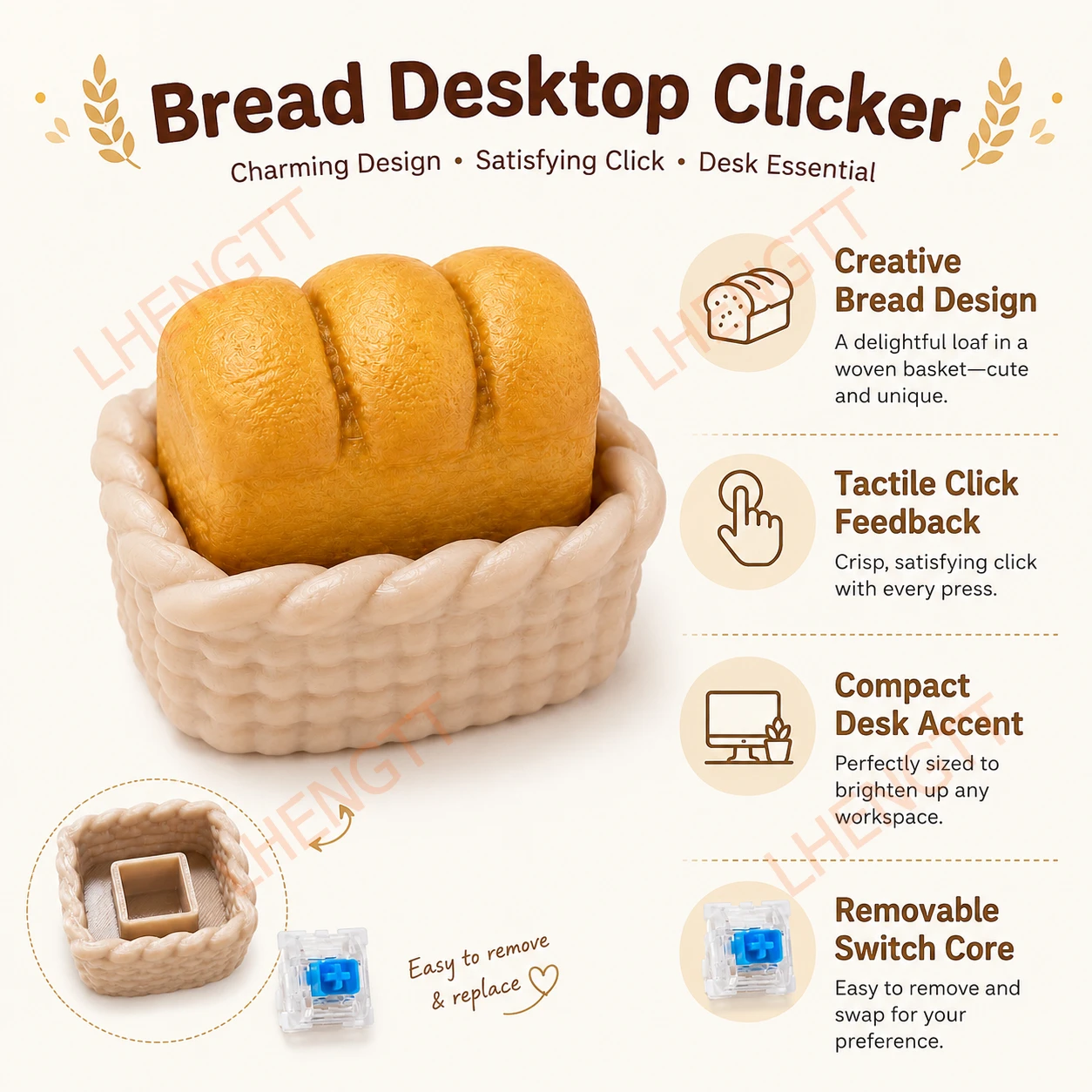 Bread Desk Clicker, Creative Loaf Desktop Button Clicker with Removable Mechanical Switch for Office Desk Decor