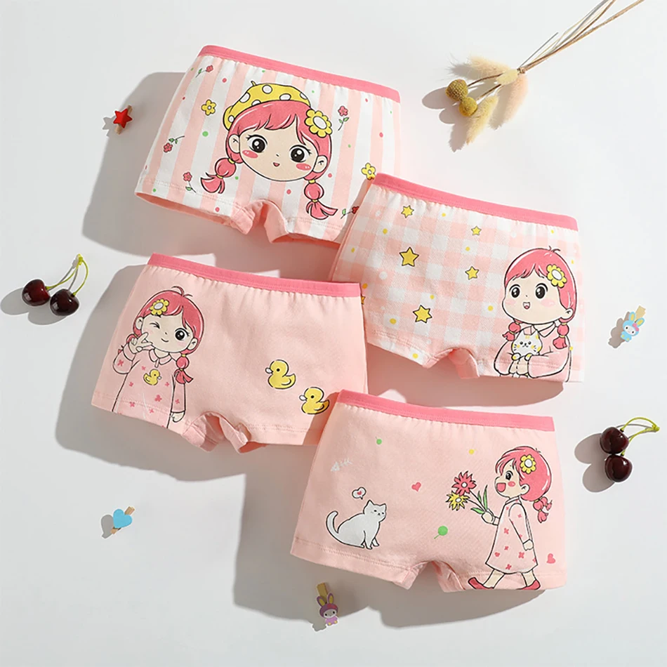 Durable and Soft A-Class Cotton Girls Cute Underwears Four Packs Plain Cut Panties for Children in Small Medium and Large Sizes