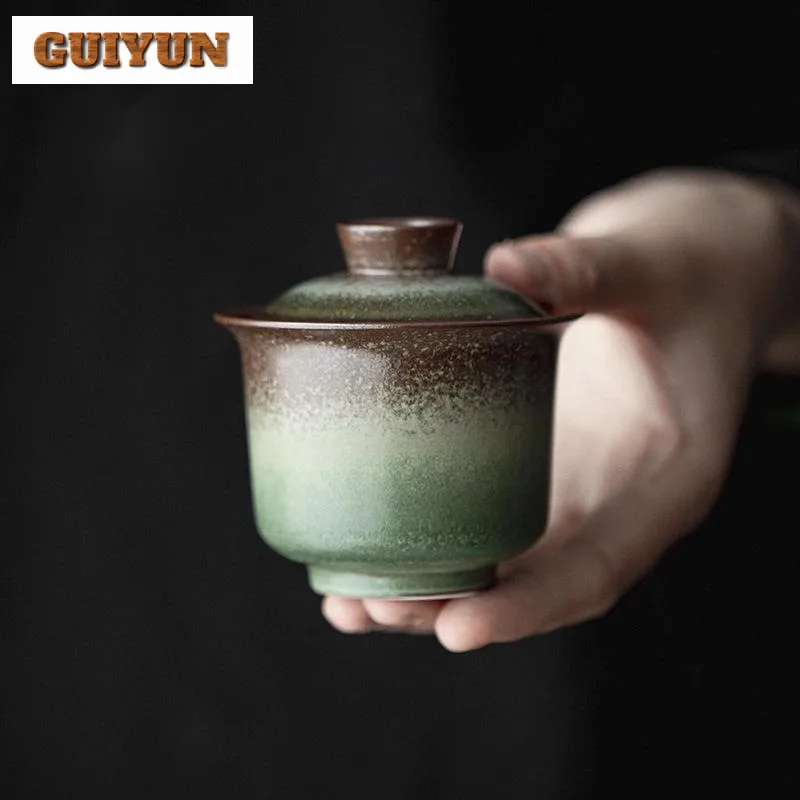 100ml Retro Kiln Change Glazed Ceramic Gaiwan Elegant Literati Hands Grabbing Tea Tureen Tea Brewing Cover Bowl Teaset Craft