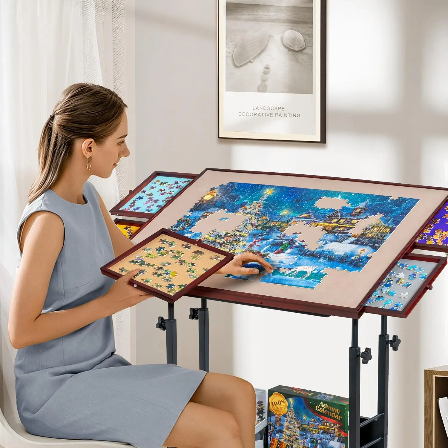 1500-piece Tilting Puzzle Table, 5 Drawers & Cover, Height & 5-Level Angle Adjustable, Ergonomic Jigsaw Board Table for Adults,
