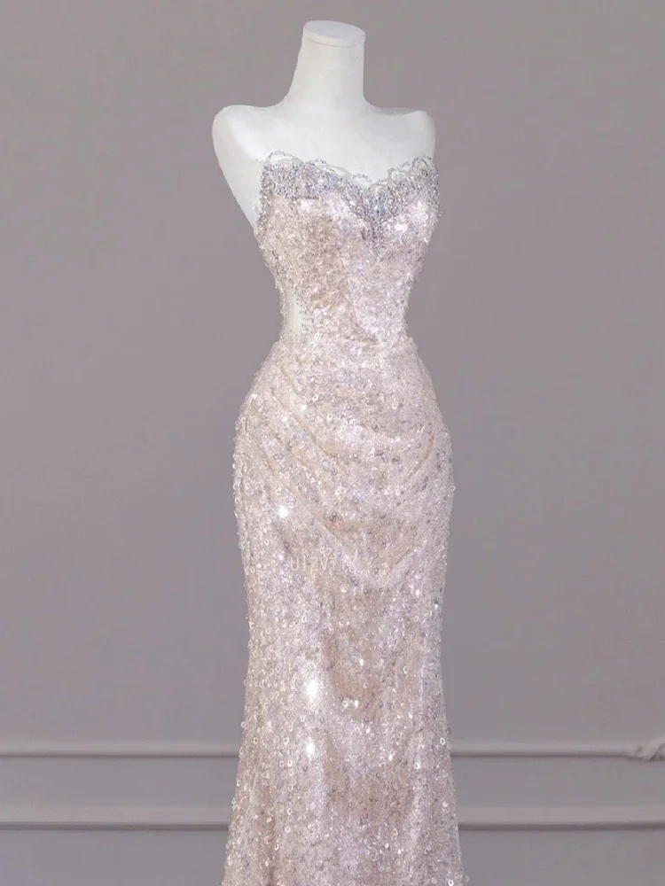 Sexy Champagne Sequins Prom Dresses Sweetheart Strapless Open Back Evening Party Dress Mermaid Sleeveless Formal Occasion Dress