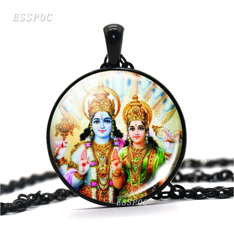 Shiva Statue Glass Dome Pendant Necklace Krishna and Radha Black Chain Necklaces Fashion Yoga Religious Jewelry for Men Women