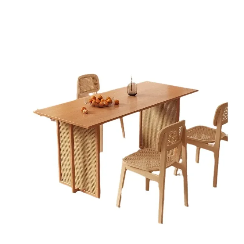 Solid wood rattan home Scandinavian modern simple restaurant dining table and chairs wabi sandy wind casual backrest stool