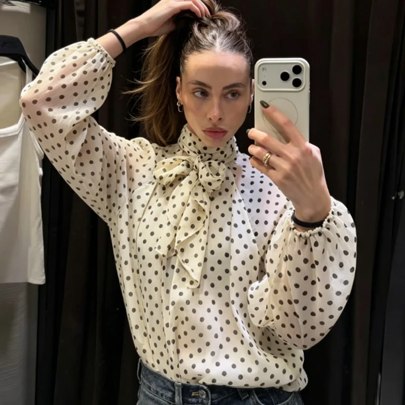 HXAO Polka Dot Oversized Top Women's Blouse Summer 2026 Boho Brown White Shirt Chiffon See -Through Long Sleeve Tops For Woman