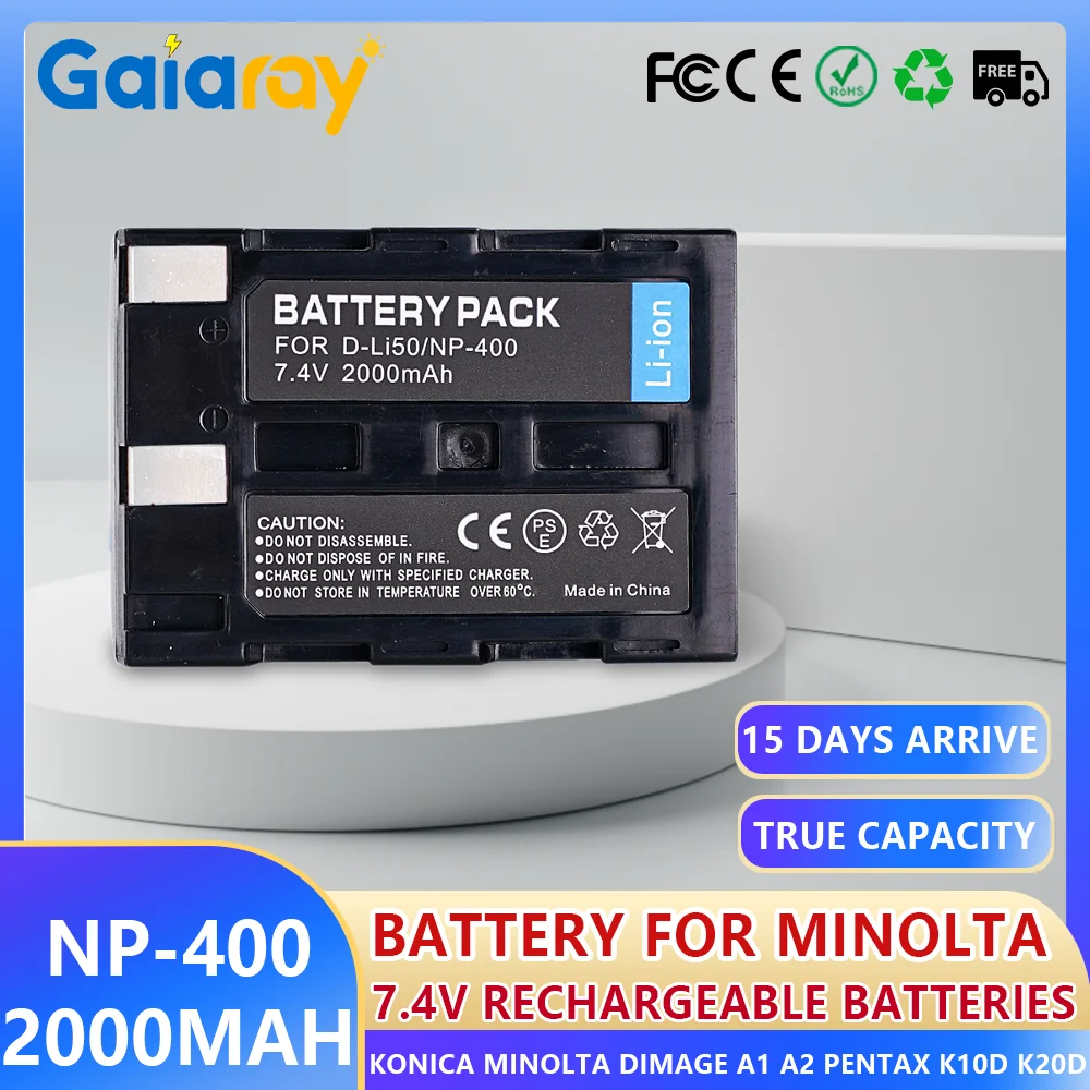 

2000 мАч перезаряжаемая батарея для камеры D-Li50 NP-400 для Konica Minolta DiMAGE A1 A2 Pentax K10D K20D Dynax 5D 7D Sigma SD15 SD14