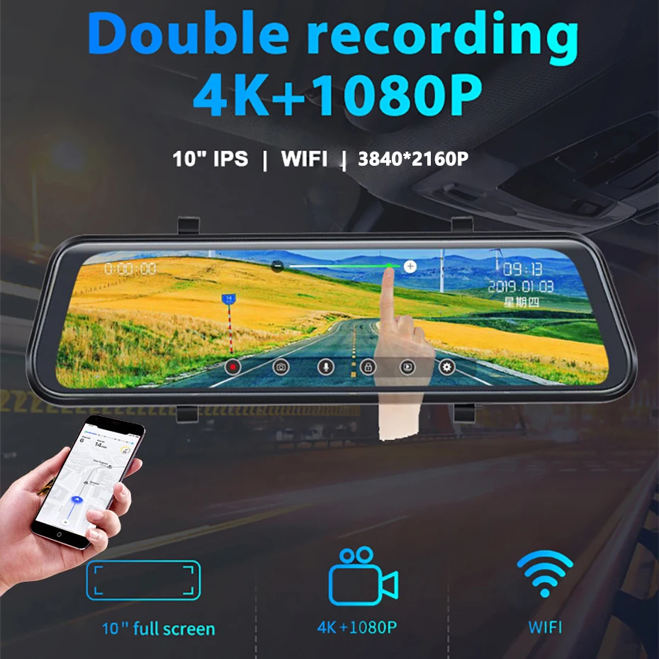 10'' Rear View Mirror Camera with WiFi, 4K Dash Cam Front and 1080P Rear with WDR, Touch Screen Rearview Mirror Backup Camera