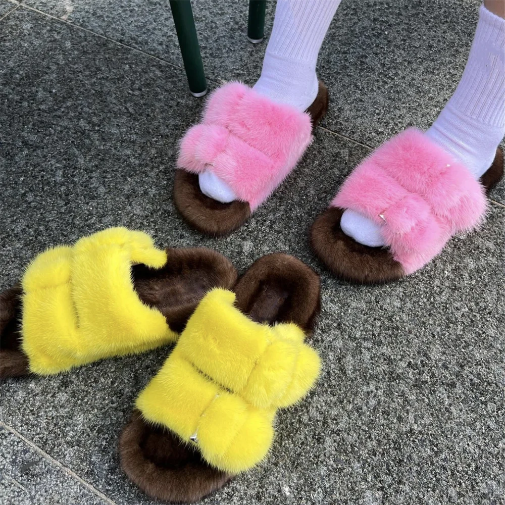 New Women Fashion Stitching Contrast Color Fur Slippers Drag Outdoor Shoes For Women Round Head Flat With Fur Mink Slippers