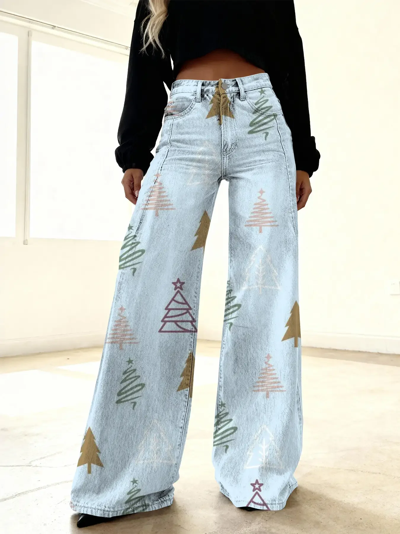 2026 Women's new casual jeans with a variety of colorful western prints, Featuring 3D Christmas snowman and candy cane print