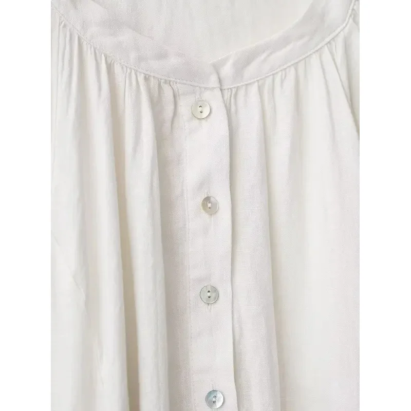 فستان قميص كيمونو من القطن والكتان فضفاض للسيدات مع زخرفة برباط وأكمام طويلة على طراز رداء كاجوال عصري