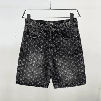 American Y2K Light Luxury Quality Retro Denim Shorts Summer Hip Hop INS Men Loose Shave Jacquard Couple Denim Five Point Pants