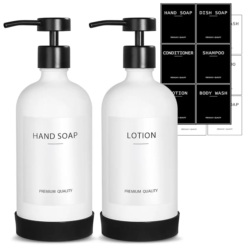 

Soap and Lotion Dispenser Set for Bathroom, 2 Pack 16.9 Fl oz White Glass Soap Dispenser with Flat Pump, Bathroom Hand Soap a