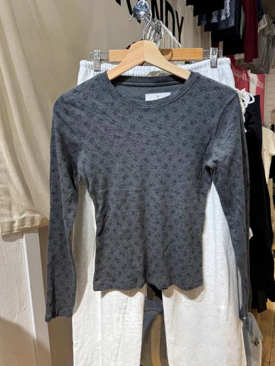 

Темно-серая футболка с длинным рукавом Little Bear, женская хлопковая тонкая винтажная футболка с круглым вырезом, милые милые повседневные топы Y2k, футболка, осенняя новинка