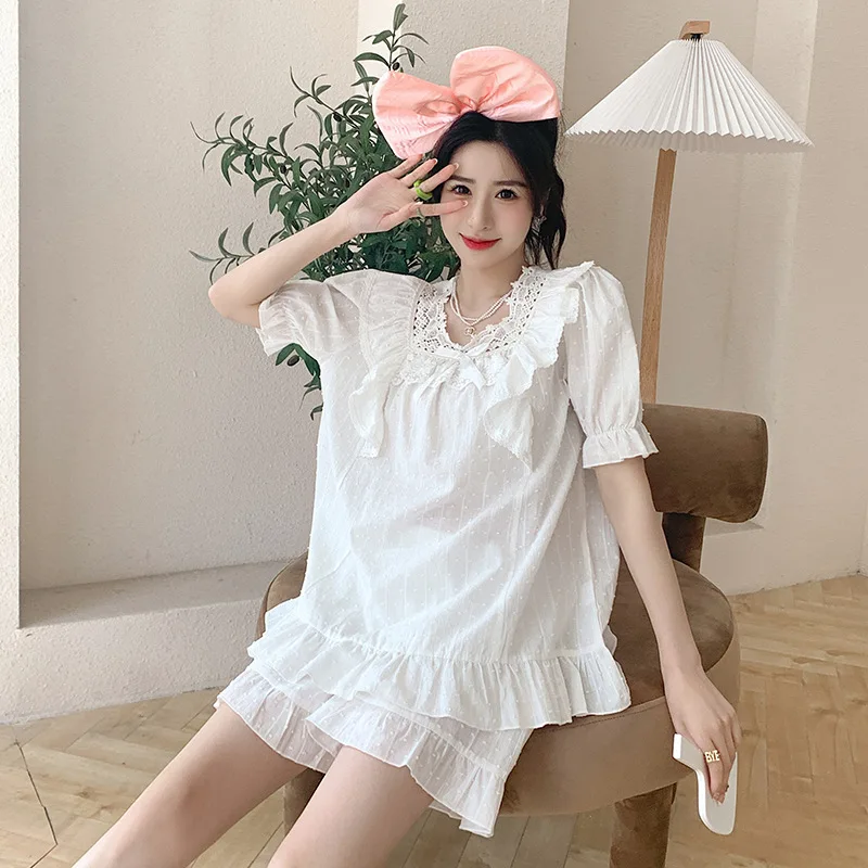 

Summer Cotton Short Sleeve Princess Women Pajamas Lady Loose Casual Homewear Female Two Piece Set Sleepwear Nightwear