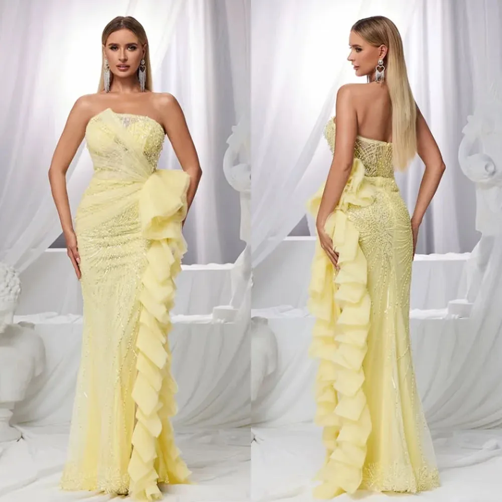 

Customized High Quality Sleeveless Yelllow Dress Beaded Sequins Strapless A-line Floor Length Evening Gown Vestidos De Gala