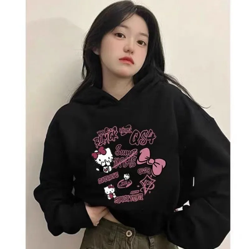 ใหม่ Sanrio Kawaii Hello Kitty Hooded Sweatshirt อะนิเมะพิมพ์ Hiphop ฤดูใบไม้ผลิฤดูใบไม้ร่วงบางกลางแจ้งการ์ตูนน่ารักสาวเสื้อผ้า