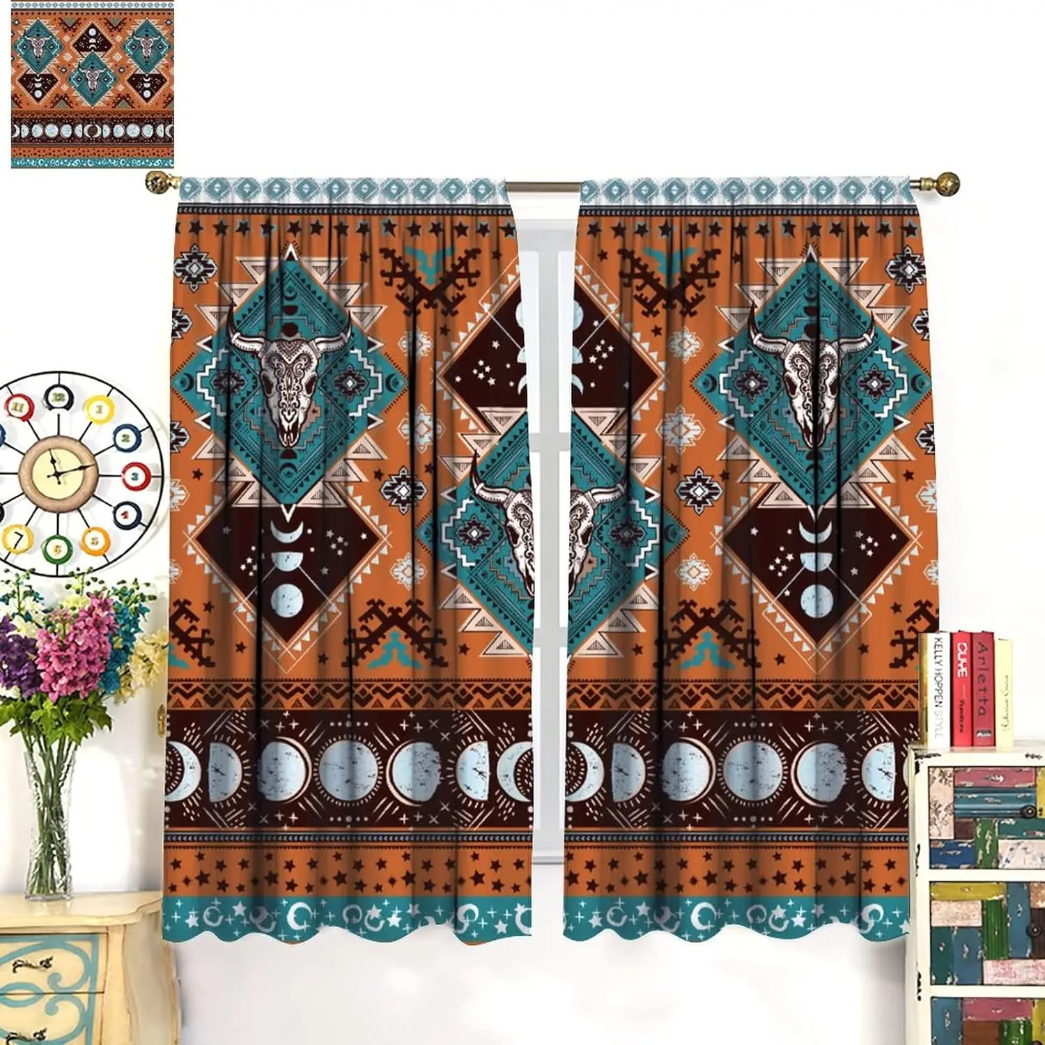 Aztec Curtains for Bedroom,Southwest Native Ethnic Geometric Skull Print Polyester Fabric Curtains Living Room Vintage Tribal