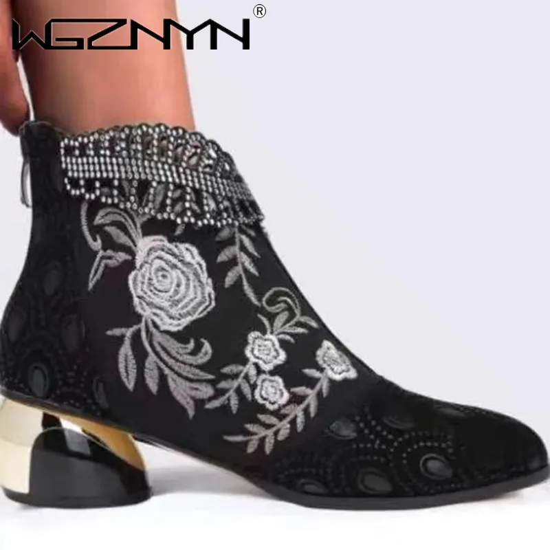 2024 kobiety botki Vintage, w kwiaty haft damskie buty skórzane buty Bohemia zamek wiosenna jesień damski Botas De Mujer