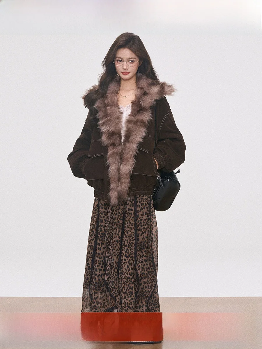 

Westayone New 6 Brown Suede Patchwork Cotton Jaet Thi Fur Inteated Leopard Print Long Skirt Korean Sle Loose Fit