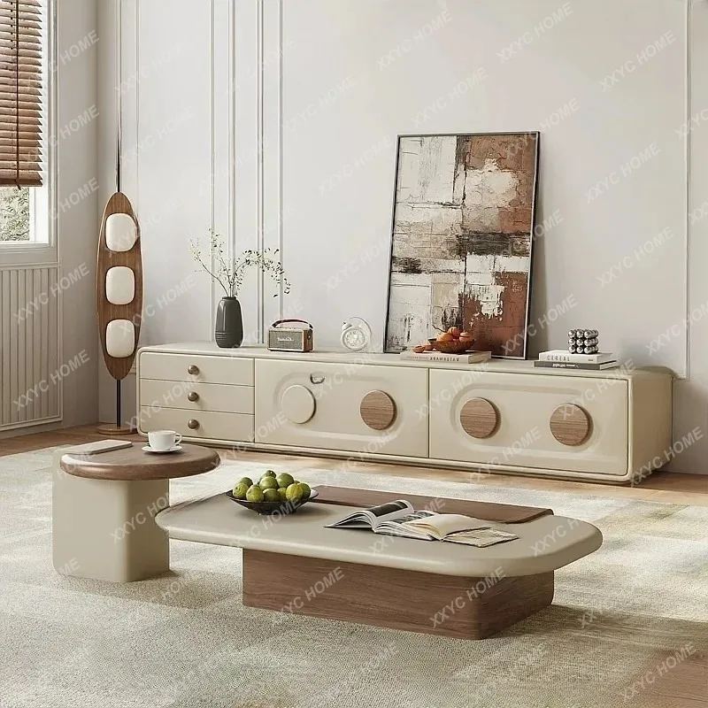 XXModern Rectangle TV Cabinet & Coffee Table Set, High Gloss Paint, Living Room Cream Style Storage Sideboard