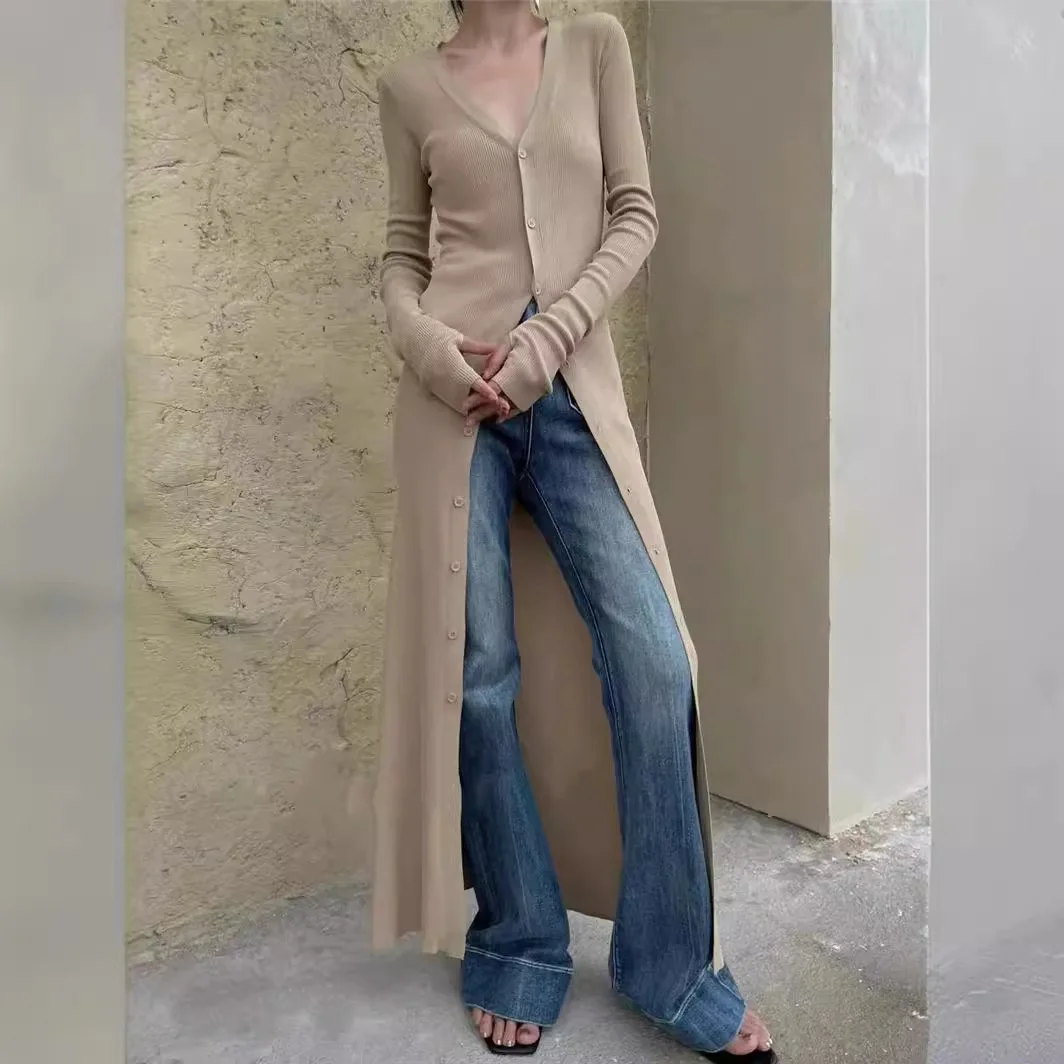 7283 Frühlings-Cardigan mit 14 Nadeln, nicht verformbar, tiefer V-Ausschnitt, Ärmelloch, schmale Passform, Briefbeschwerer, Innenbekleidung, langes Kleid