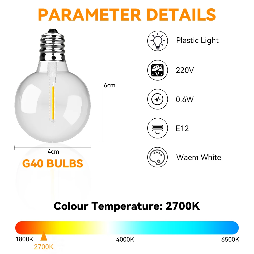 Luzes de fadas para pátio e jardim, cabo branco quente, guirlanda de luz, presente de Natal, G40, 30m, 15m