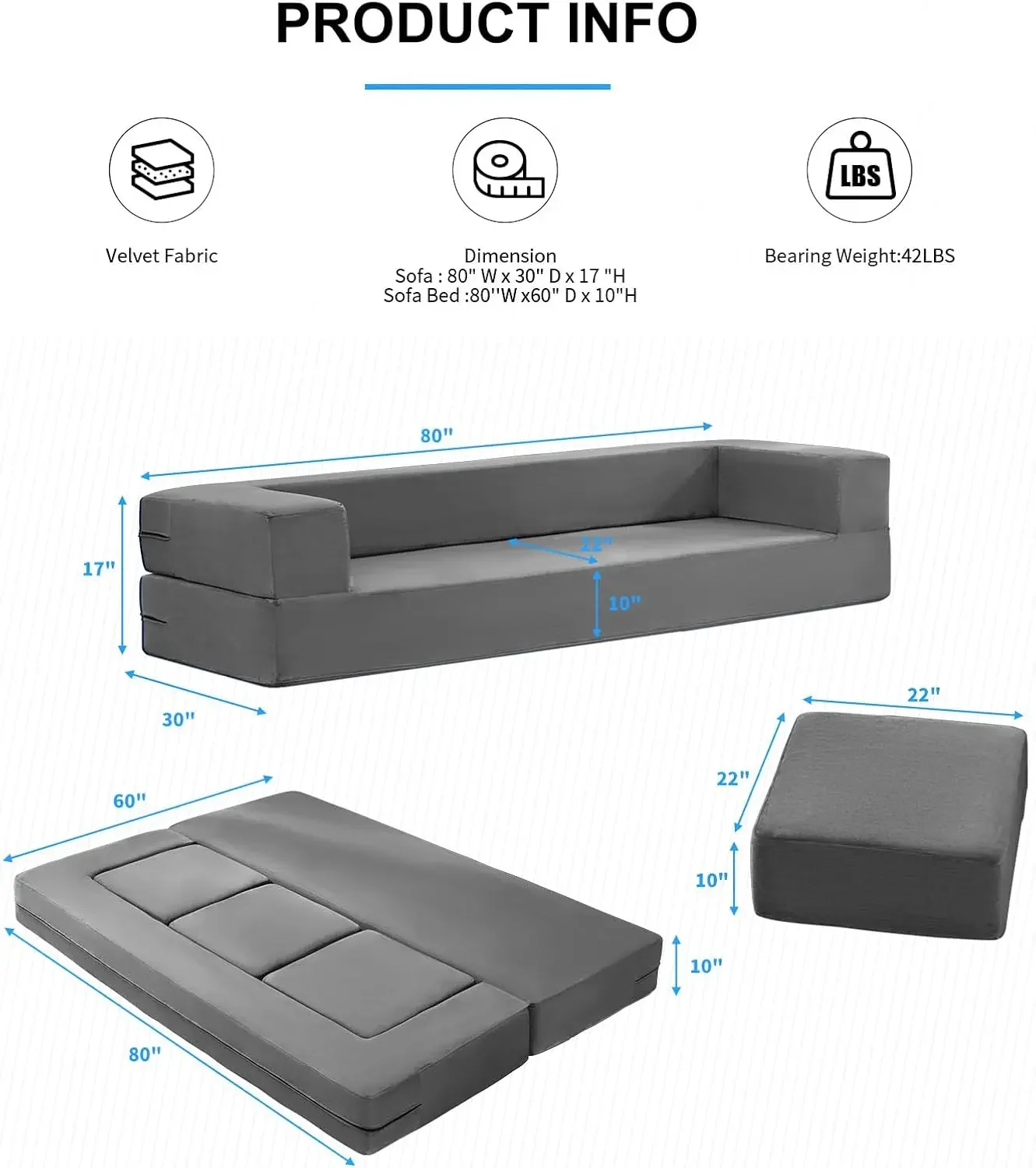 Velvet Folding Sofa Bed, Upholstered Floor Sofa Bed with 3 Ottomans, Fold Out Couch Bed with High-Density Foam, Convertible 2