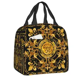 Custom Golden Lion And Damask Ornament Portable Lunch Boxes Women Multifunction Baroque Cooler Thermal Food Insulated Lunch Bag