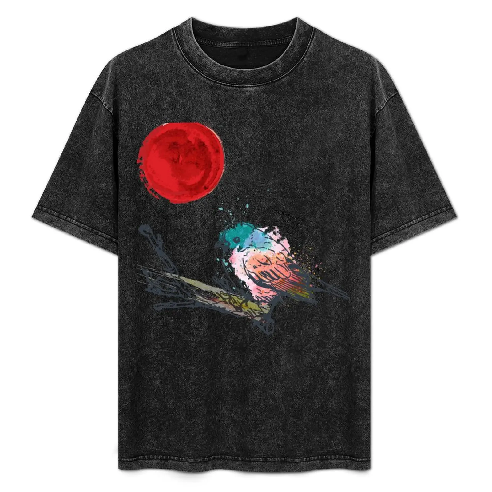 

Colourful Art Bird On Tree and Japanese Red Moon Style T-Shirt Soft Basic Cotton Short Sleeve Tee