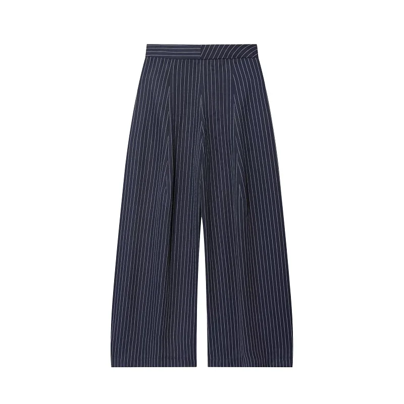 Celana Baggy Bergaris MUJER Celana Kasual Wanita Pinggang Tinggi untuk Wanita Celana Wanita Kaki Lebar Berlipat Celana Panjang Wanita Retro Streetwear