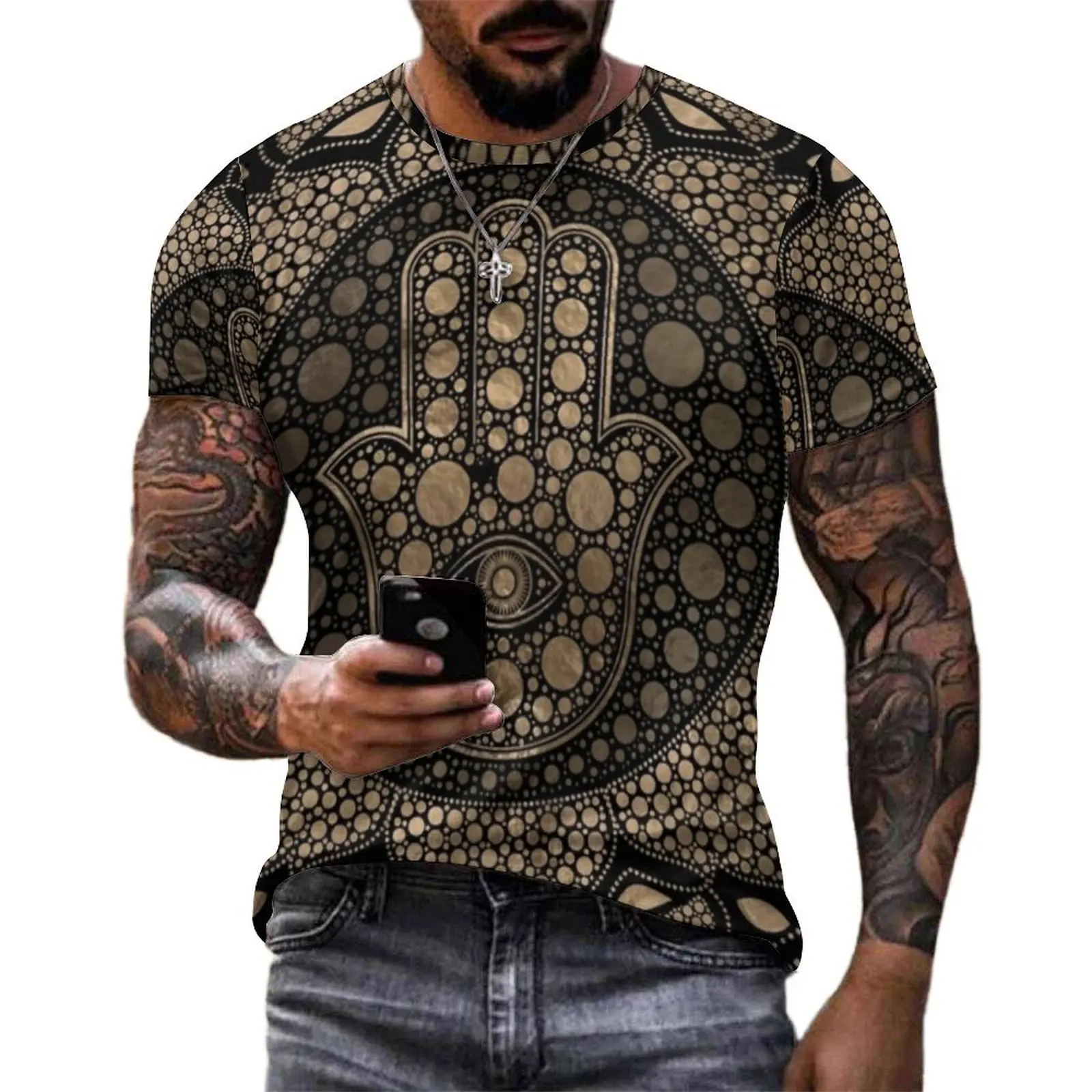 Summer T Shirt Hamsa Hand Print T Shirts Lotus Mandala Casual Harajuku Tee Shirt For Male Short Sleeve Oversized Clothing