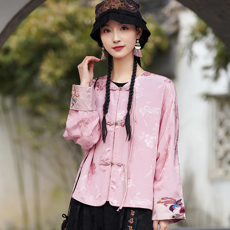 

2026 New Chinese Traditional Hanfu Tops Vintage Coat National Flower Embroidery Cuff Satin Jacquard O-neck Jacket Ethnic Coat