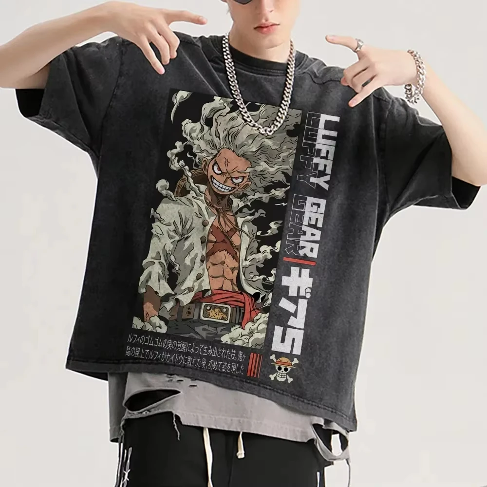 Anime One Piece Graphic Print Acid Wash Men's T-Shirt Oversized Cotton Crew Neck Streetwear Men's Washed and Old Comfortable Pop