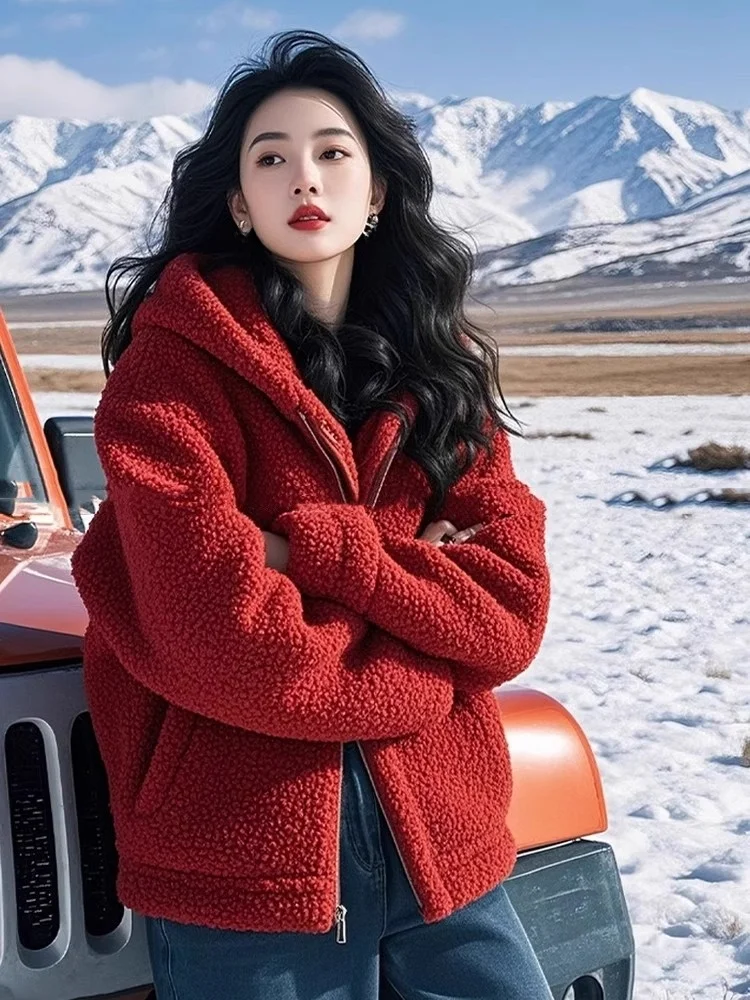 レッドラムファージャケットジッパー付きトップスレディースファションレイジースタイル春秋ハイエンド感暖かい厚手ロングスリーブフーディー