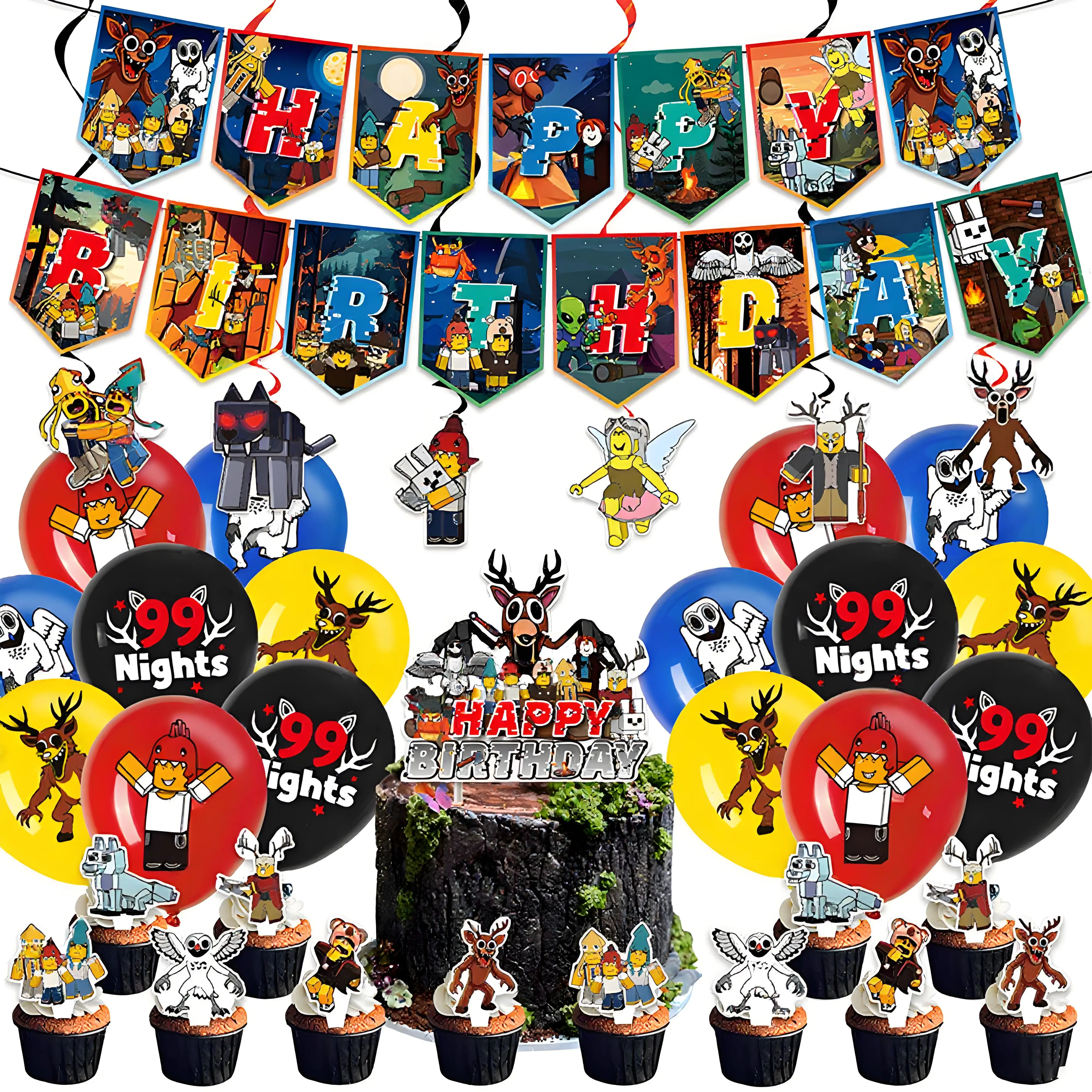ชุดตกแต่งงานปาร์ตี้ธีมอนิเมะ 99 คืนในป่า ประกอบด้วยลูกโป่งและแบนเนอร์ ของขวัญสำหรับแฟนๆ งานวันเกิดเด็ก และงานปาร์ตี้วันหยุด