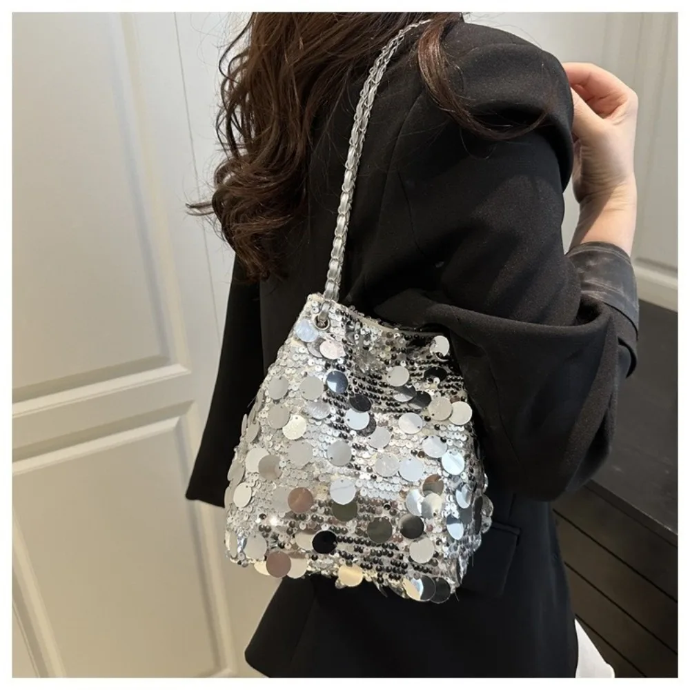 

Elegant Shiny Sequin Shoulder Bag Large Capacity Chain Strap Evening Banquet Bag Korean Style Bucket Bag Party