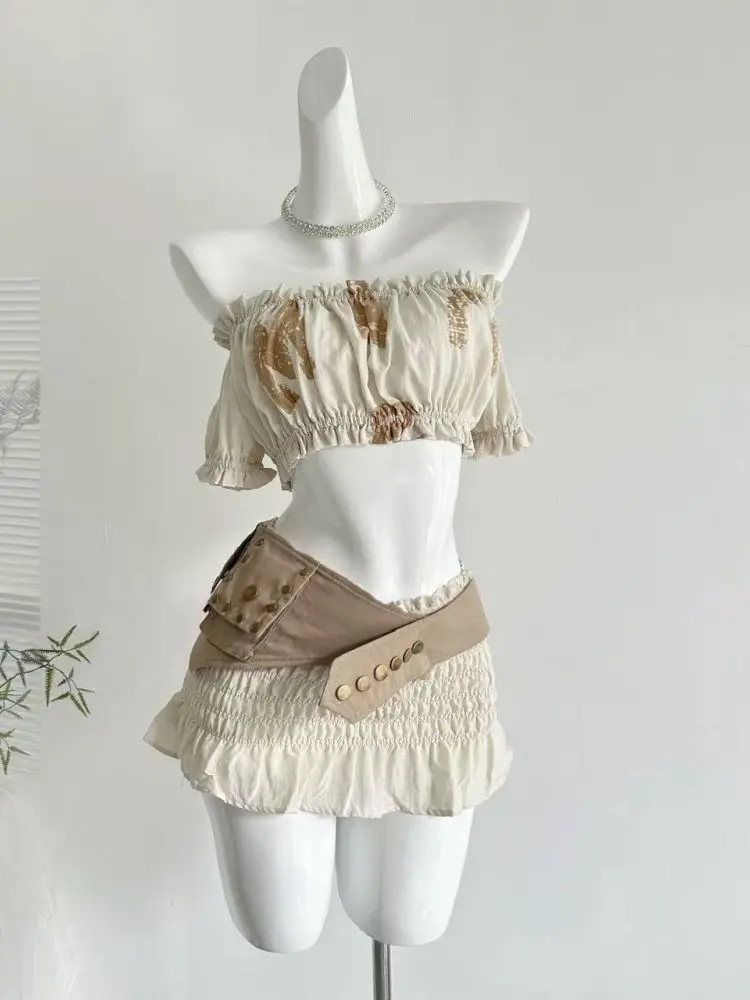 Sexy Off Shoulder Ruffle Puff Sleeve Crop Top Ruched Waist Mini Skirt 2 Piece Set Vintage Print Beige Women Girls Daily Clubwear