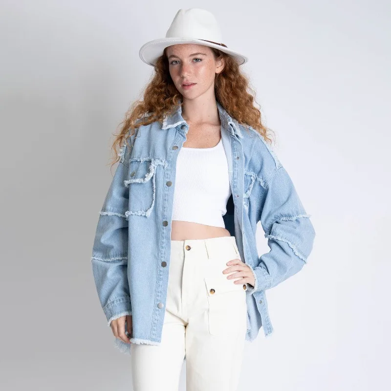 Women's Autumn Spring Top Coat Shirt Denim Embroidery Lapel Solid Color Simple New Casual Design Fashion Niche Versatile Skinny
